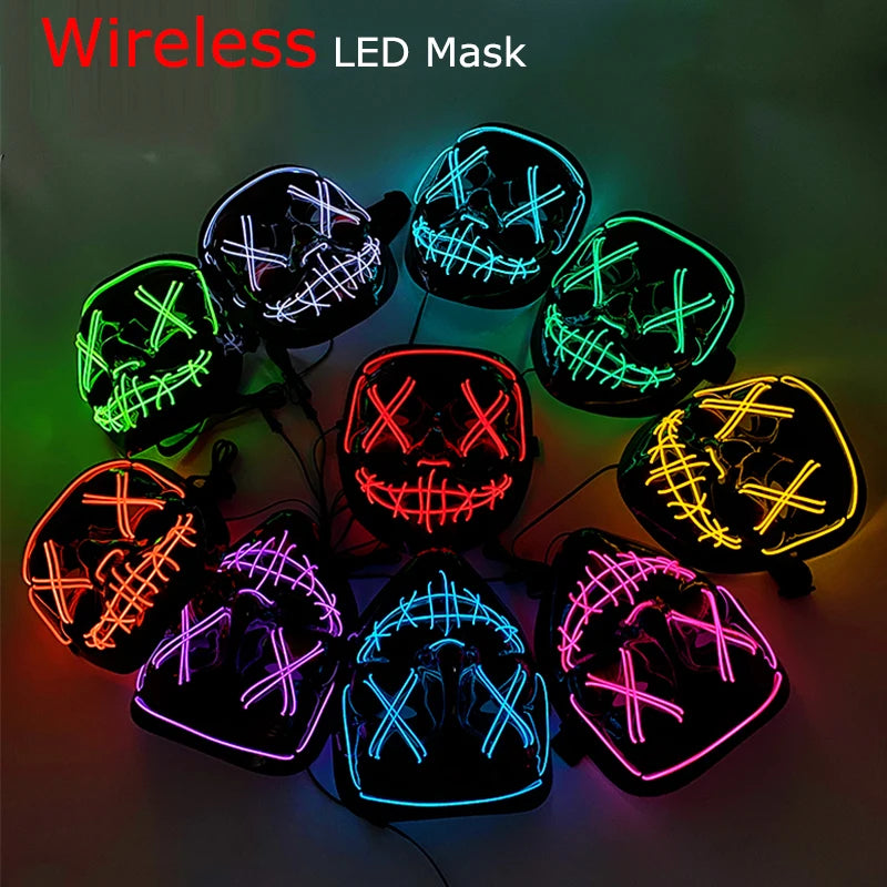 Draadloos LED Halloween Masker – Neon Glow in the Dark Masker met 3 Lichtstanden | 10 Kleuren | Unisex Volledig Gezicht