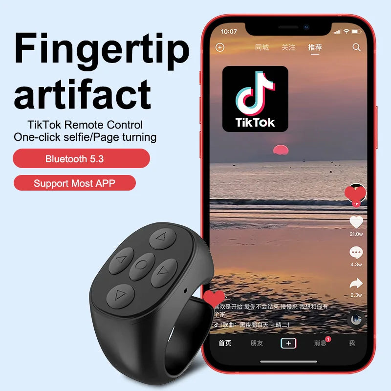 TikTok Bluetooth Ring Afstandbediening – Scroll, Swipe & Selfie met één klik | Bluetooth 5.3 | Universele Compatibiliteit
