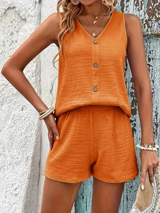 Summer Women’s Two-Piece Set | Sleeveless Button V-Neck Top & Shorts