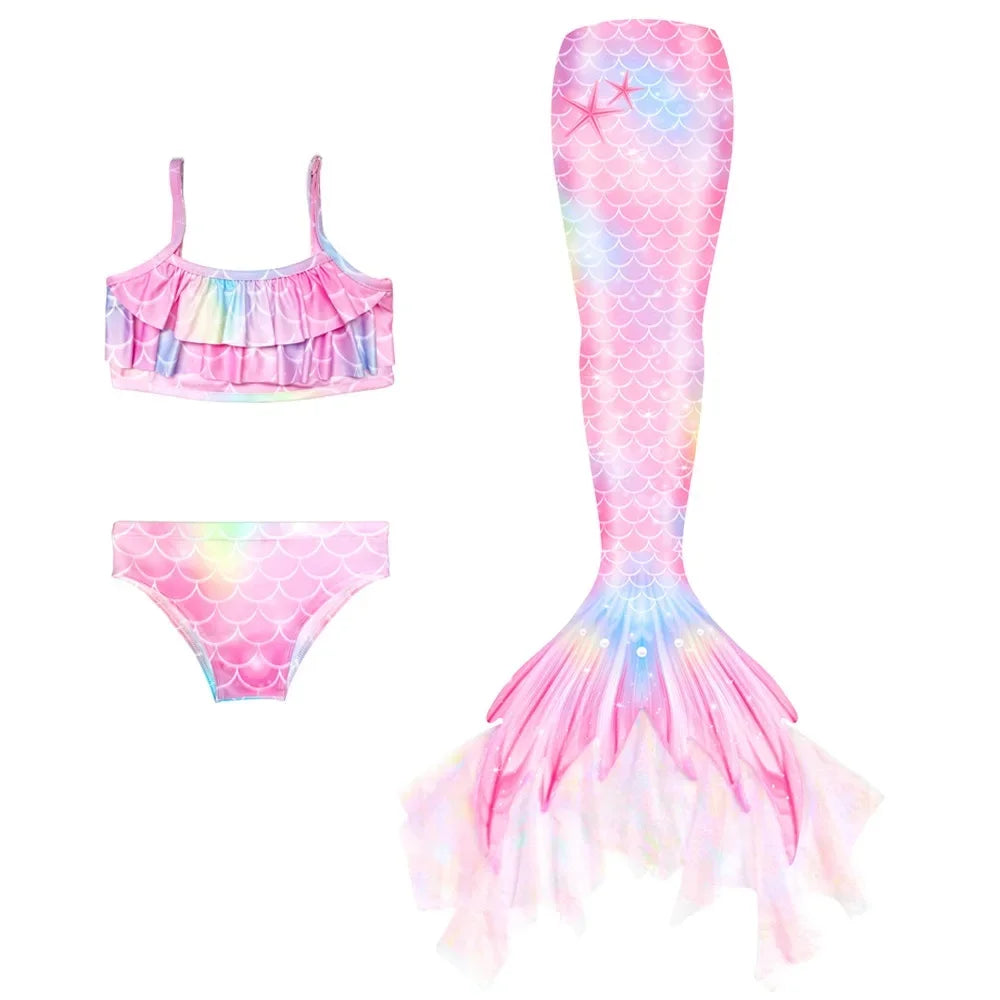 3-Piece Mermaid Swimsuit for Girls | Princess Style Bikini Set with Rainbow Tail | Kids Swimwear