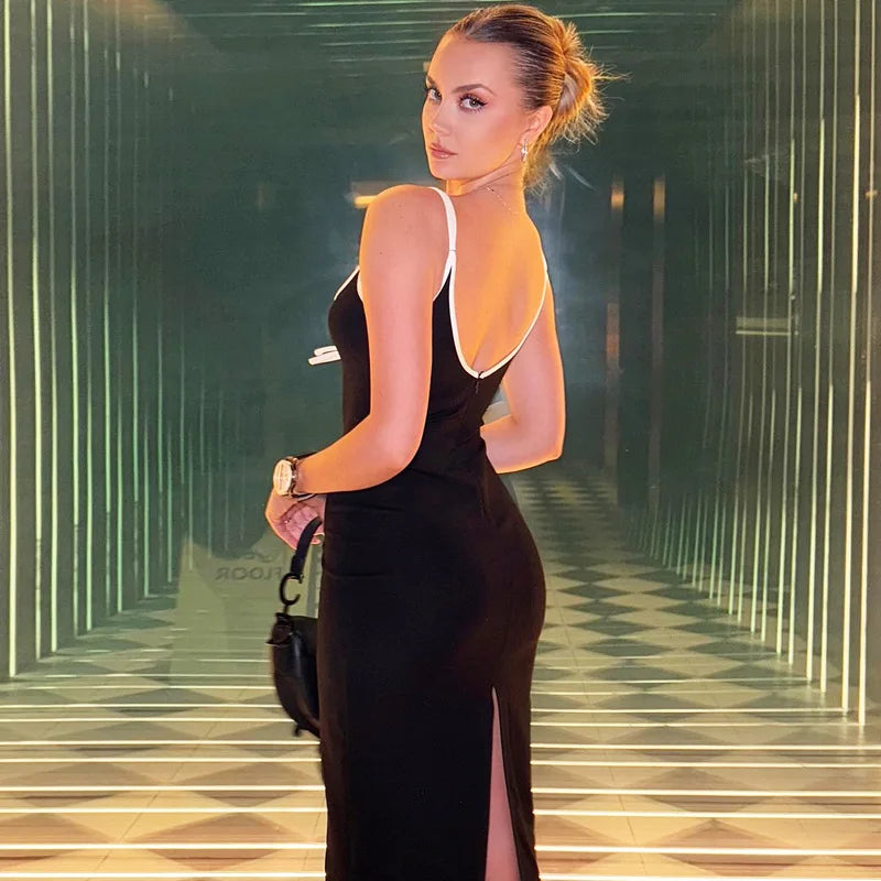 Sexy Zwarte Clubjurk – Mouwloze Bodycon Maxi Jurk met Split 