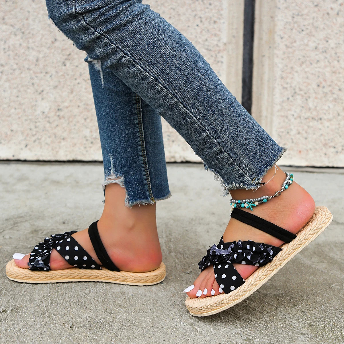 Zwarte Dames Sandalen met Stippen | Antislip & Platte Zool
