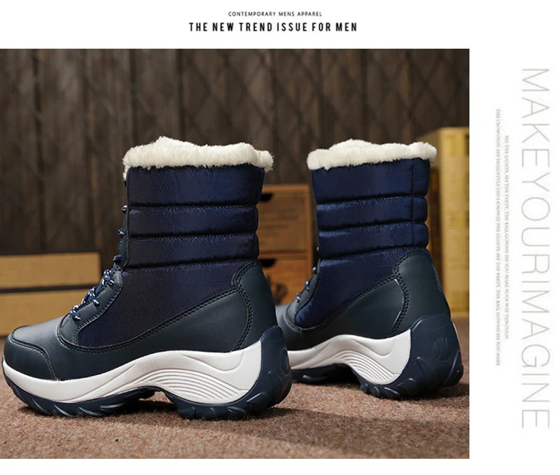 Warme Dames Winterlaarzen met Vetersluiting – Snowboots met Bontvoering | Waterafstotend PU | Antislip Zool | Zwart