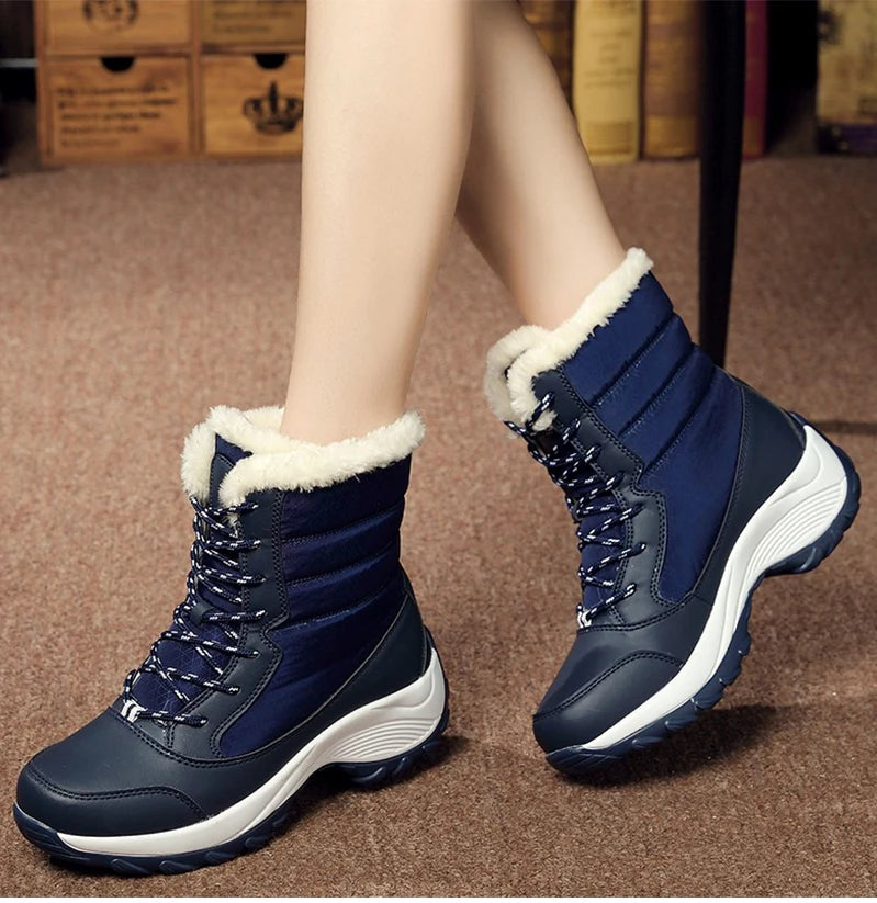 Warme Dames Winterlaarzen met Vetersluiting – Snowboots met Bontvoering | Waterafstotend PU | Antislip Zool | Zwart