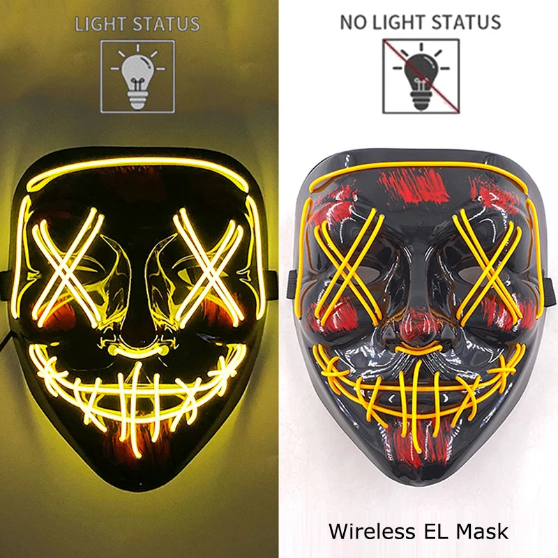 Draadloos LED Halloween Masker – Neon Glow in the Dark Masker met 3 Lichtstanden | 10 Kleuren | Unisex Volledig Gezicht