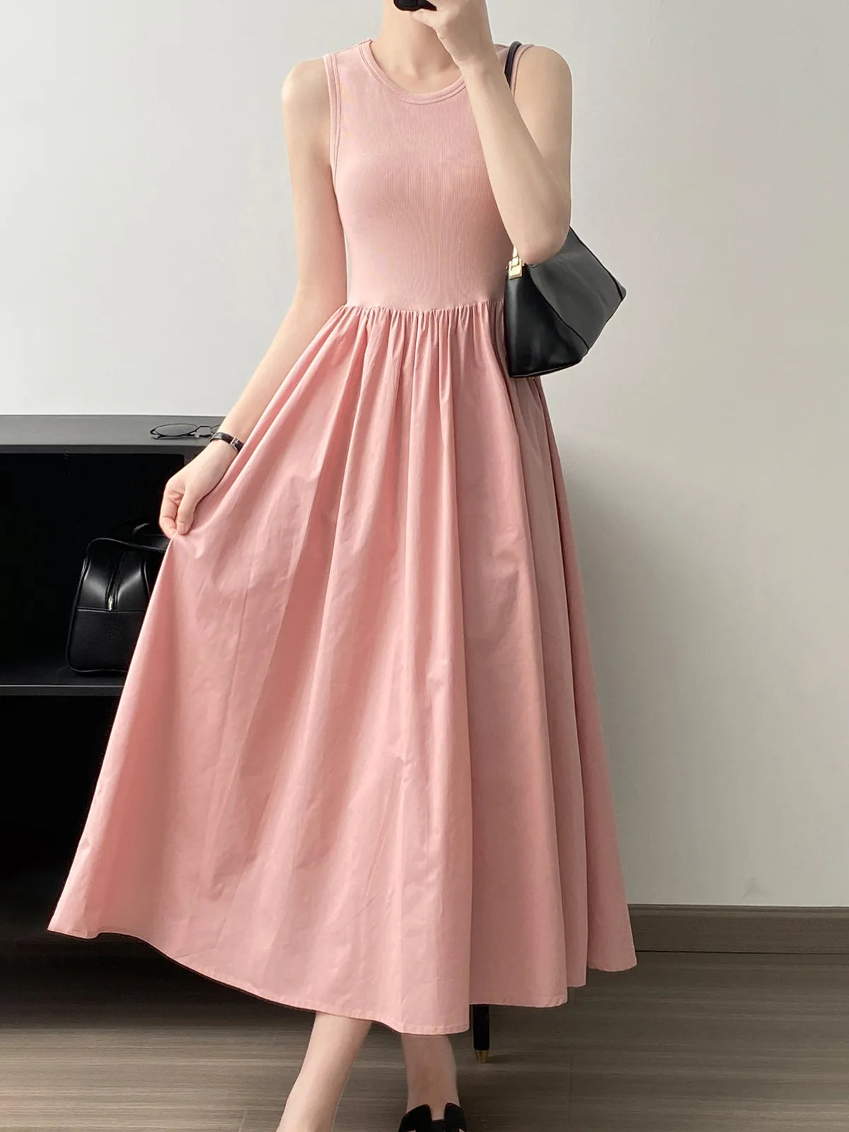 Elegante A-Lijn Damesjurk – Casual Mouwloze Zomerjurk in Roze, Zwart & Beige