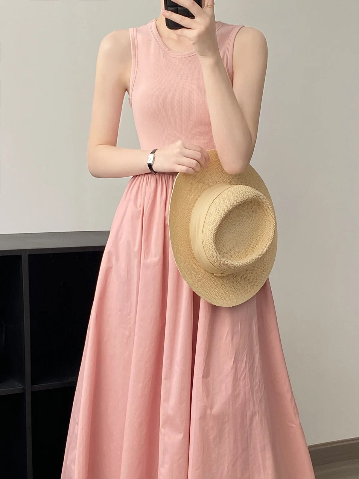 Elegante A-Lijn Damesjurk – Casual Mouwloze Zomerjurk in Roze, Zwart & Beige
