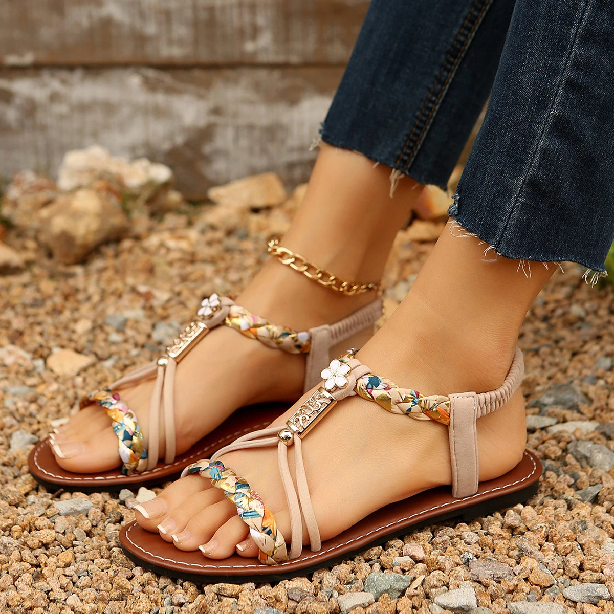 Women’s Gladiator Flat Sandals | Summer Floral Elastic Back Strap Sandals with Color Block Details