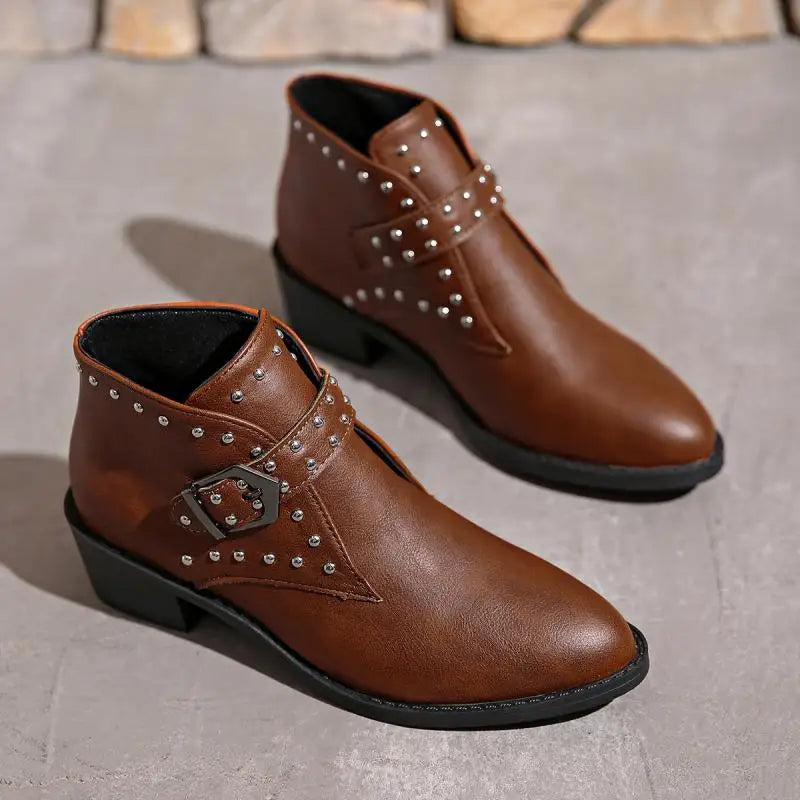 Women’s Retro Rivet Ankle Motorcycle Boots | Pointed Toe Thick Heel