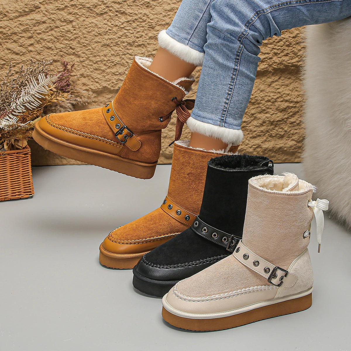 Women’s Snow Boots Winter 2025 | Ankle Boots with Rear Lacing & Buckle Detail
