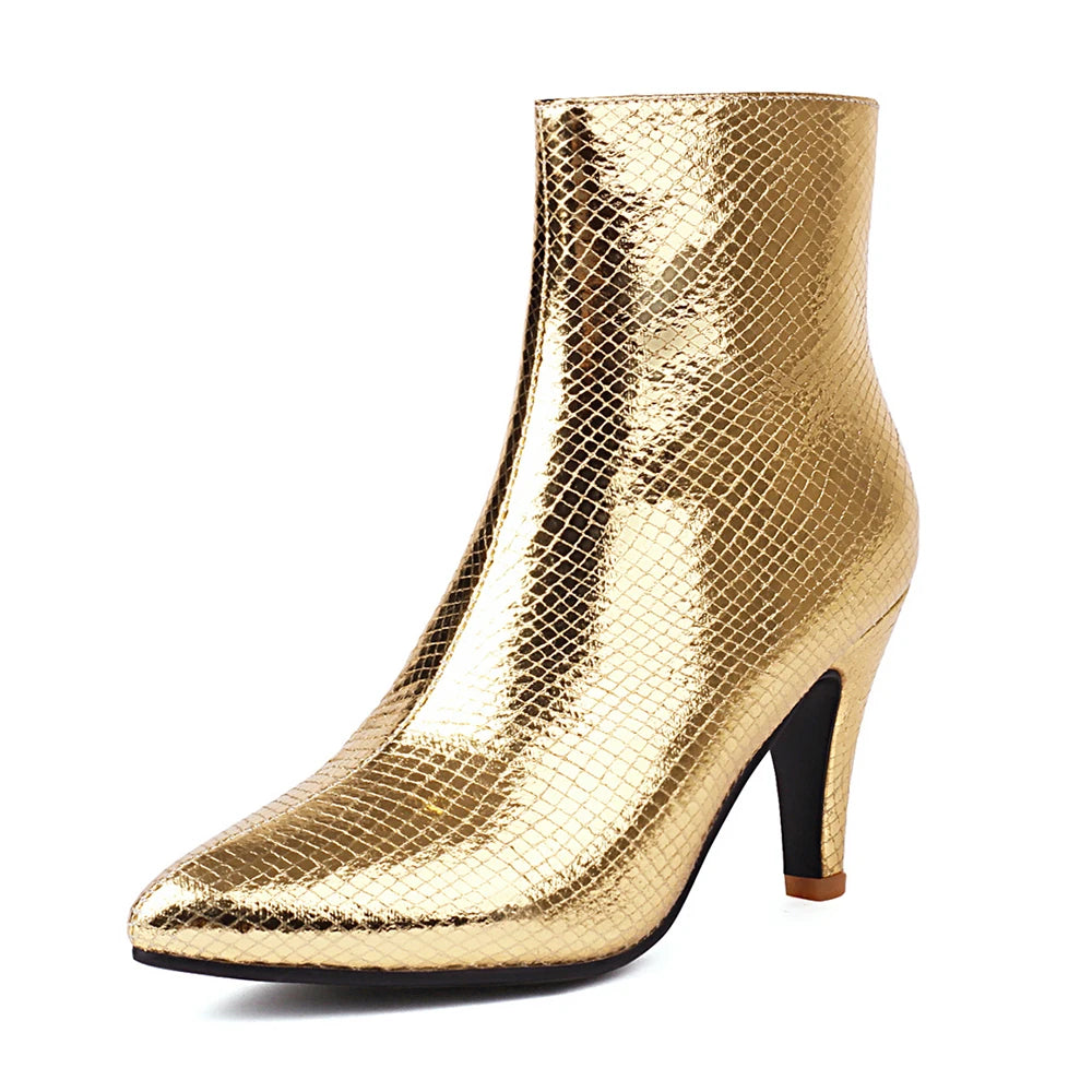 Shiny Metallic Ankle Boots | Pointed Toe Stiletto Heels with Zip Closure