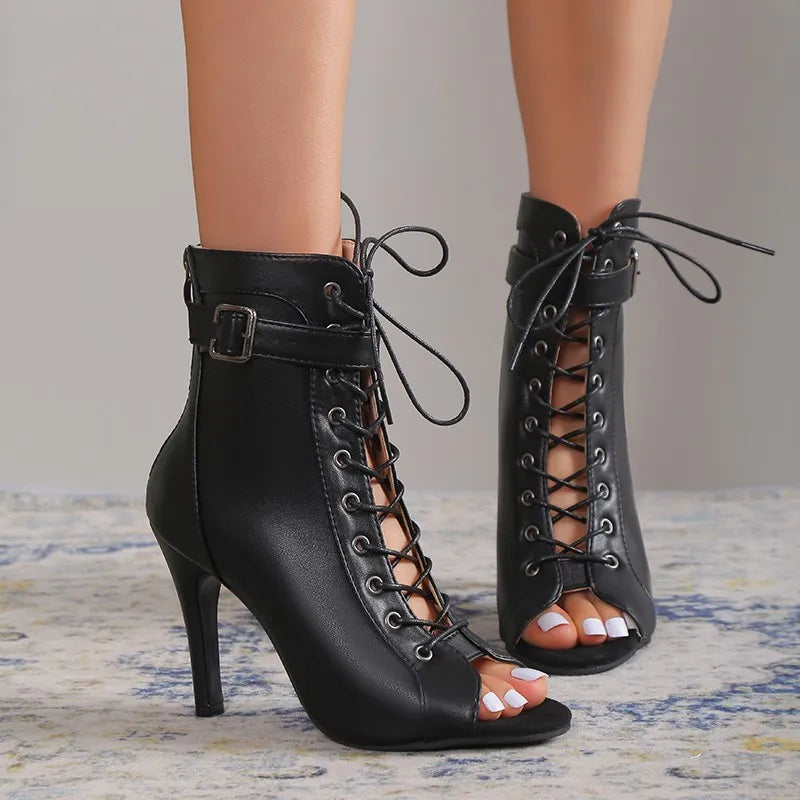 Women’s Lace-Up Peep Toe Dance Booties