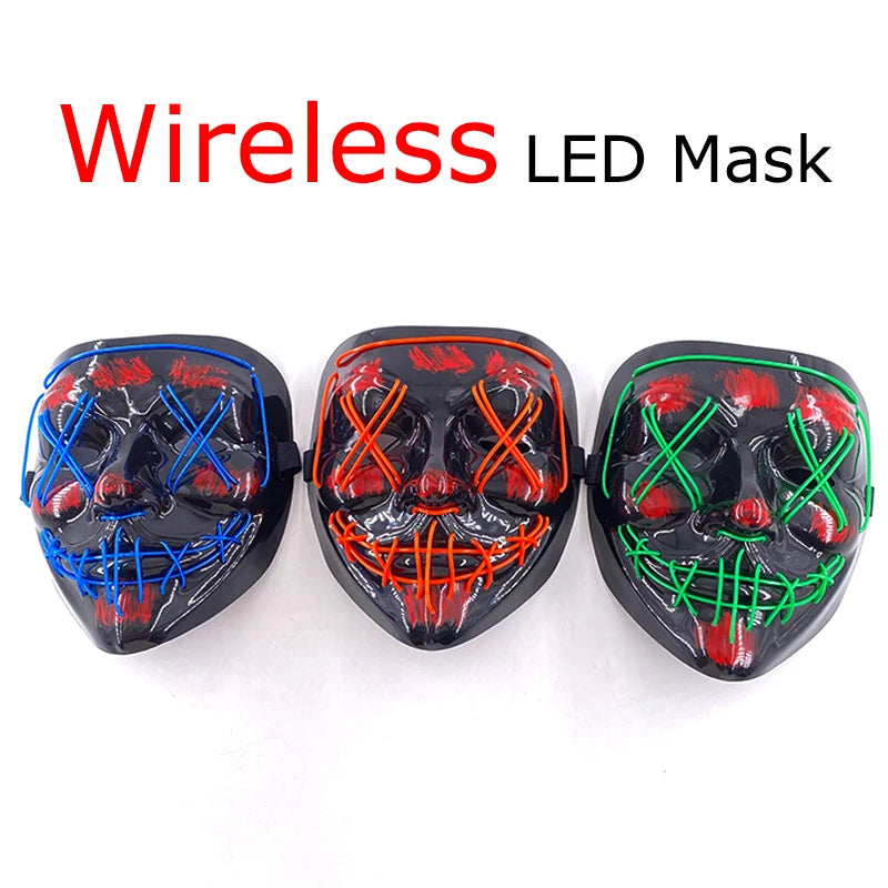 Draadloos LED Halloween Masker – Neon Glow in the Dark Masker met 3 Lichtstanden | 10 Kleuren | Unisex Volledig Gezicht