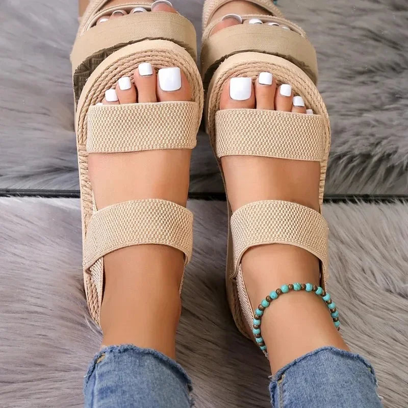 Dames Platform Sandalen met Sleehak | Minimalistische Gladiator Zomersandalen – Zwart & Beige