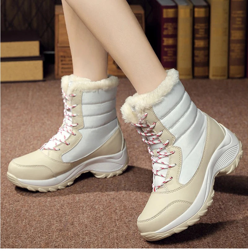 Warme Dames Winterlaarzen met Vetersluiting – Snowboots met Bontvoering | Waterafstotend PU | Antislip Zool | Zwart