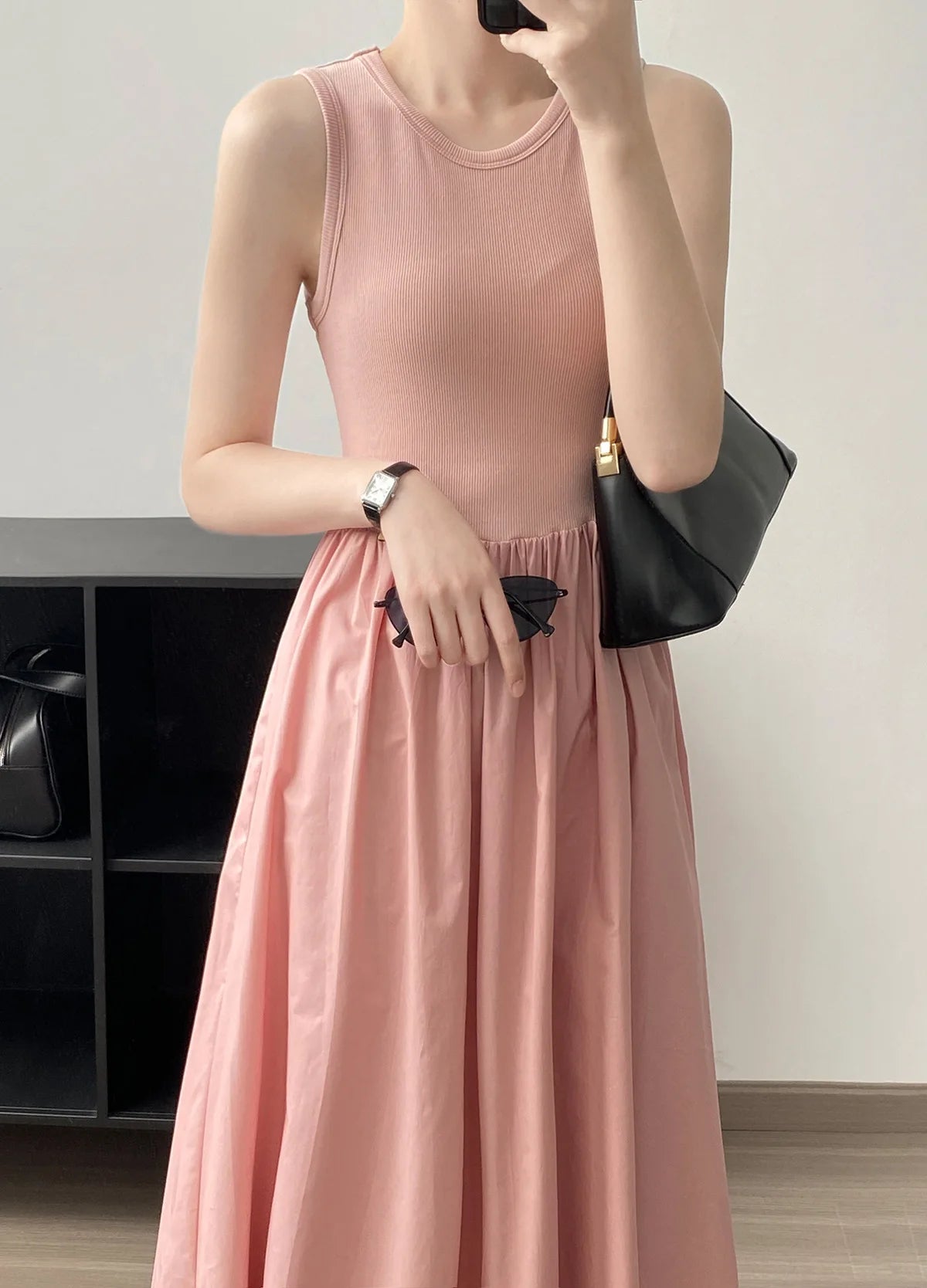 Elegante A-Lijn Damesjurk – Casual Mouwloze Zomerjurk in Roze, Zwart & Beige