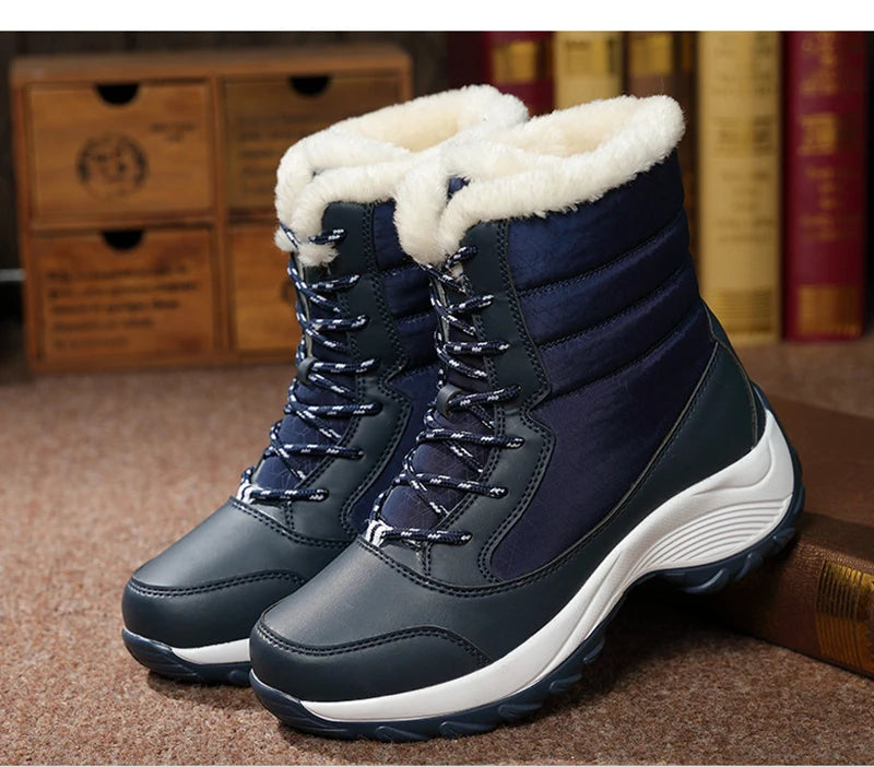 Warme Dames Winterlaarzen met Vetersluiting – Snowboots met Bontvoering | Waterafstotend PU | Antislip Zool | Zwart