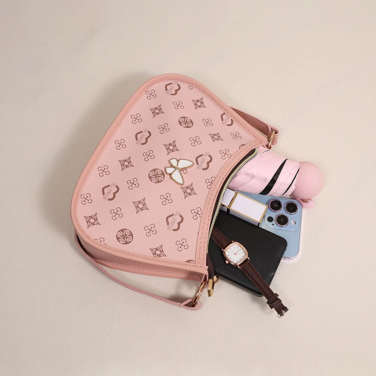 Halvemaan Schoudertas met Vlinder – Trendy PU Leren Onderarmtas voor Dames