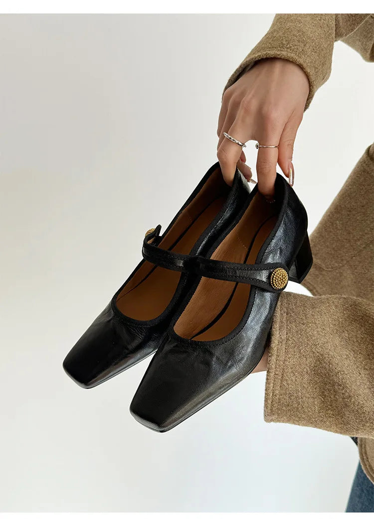 Elegante Dames Pumps met Vierkante Neus en Blokhak – Klassieke Instappers met Gesp