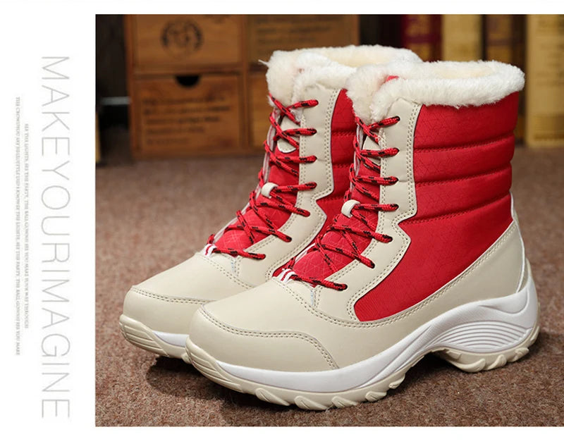 Warme Dames Winterlaarzen met Vetersluiting – Snowboots met Bontvoering | Waterafstotend PU | Antislip Zool | Zwart