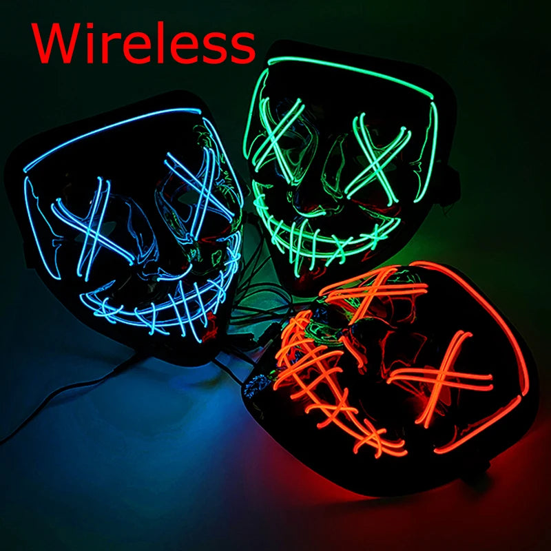 Draadloos LED Halloween Masker – Neon Glow in the Dark Masker met 3 Lichtstanden | 10 Kleuren | Unisex Volledig Gezicht