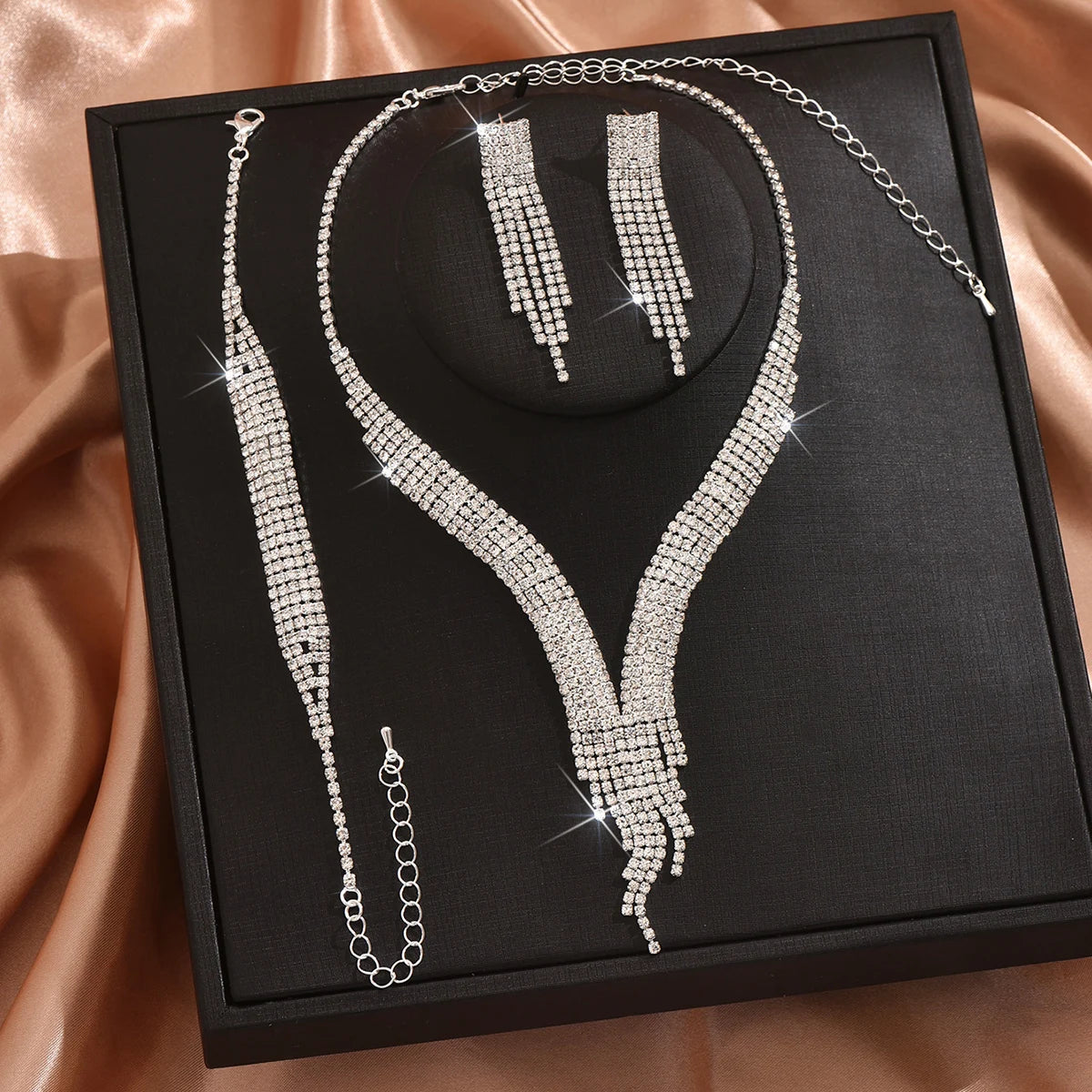 Women’s 4-Piece Jewelry Set | Rhinestone Tassel Necklace, Earrings & Bracelet