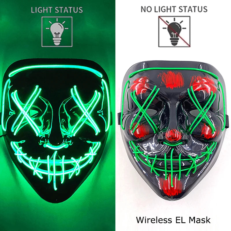 Draadloos LED Halloween Masker – Neon Glow in the Dark Masker met 3 Lichtstanden | 10 Kleuren | Unisex Volledig Gezicht