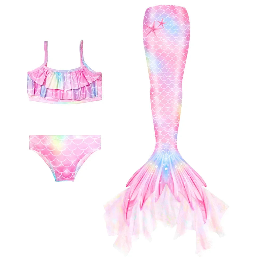 3-Piece Mermaid Swimsuit for Girls | Princess Style Bikini Set with Rainbow Tail | Kids Swimwear