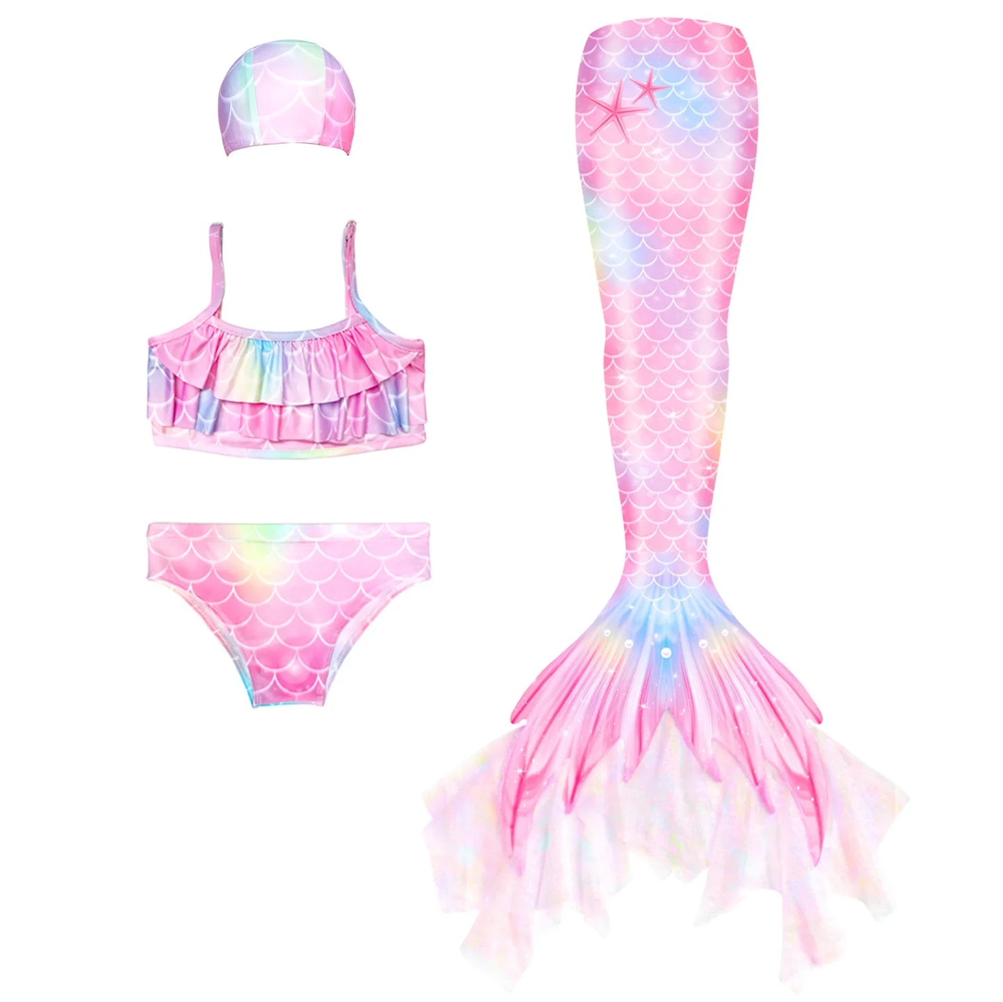 3-Piece Mermaid Swimsuit for Girls | Princess Style Bikini Set with Rainbow Tail | Kids Swimwear