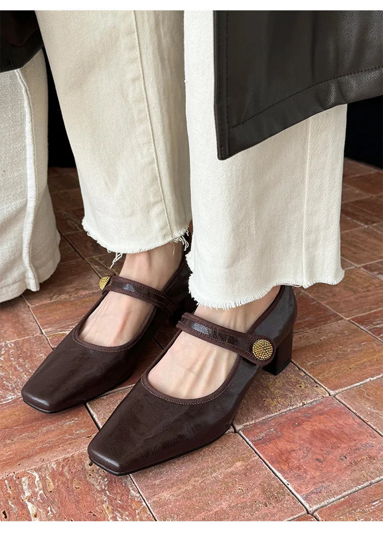 Elegante Dames Pumps met Vierkante Neus en Blokhak – Klassieke Instappers met Gesp