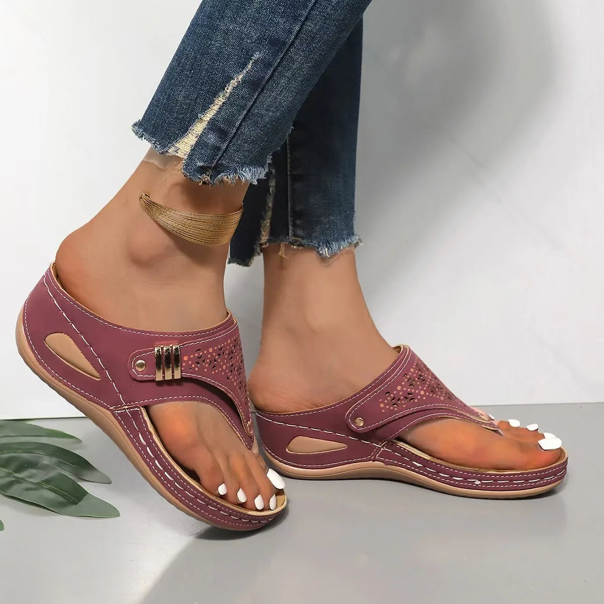 Women’s Summer Breathable Slippers |  Hollow Design with Buckle & Comfortable Flat Sole