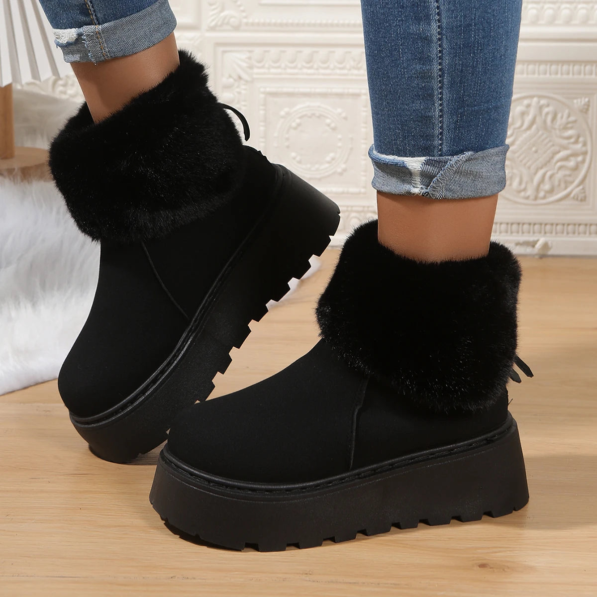 Dames Snowboots Winter 2025 | Chunky Platform Enkelboots met Achterrits & Plush Voering