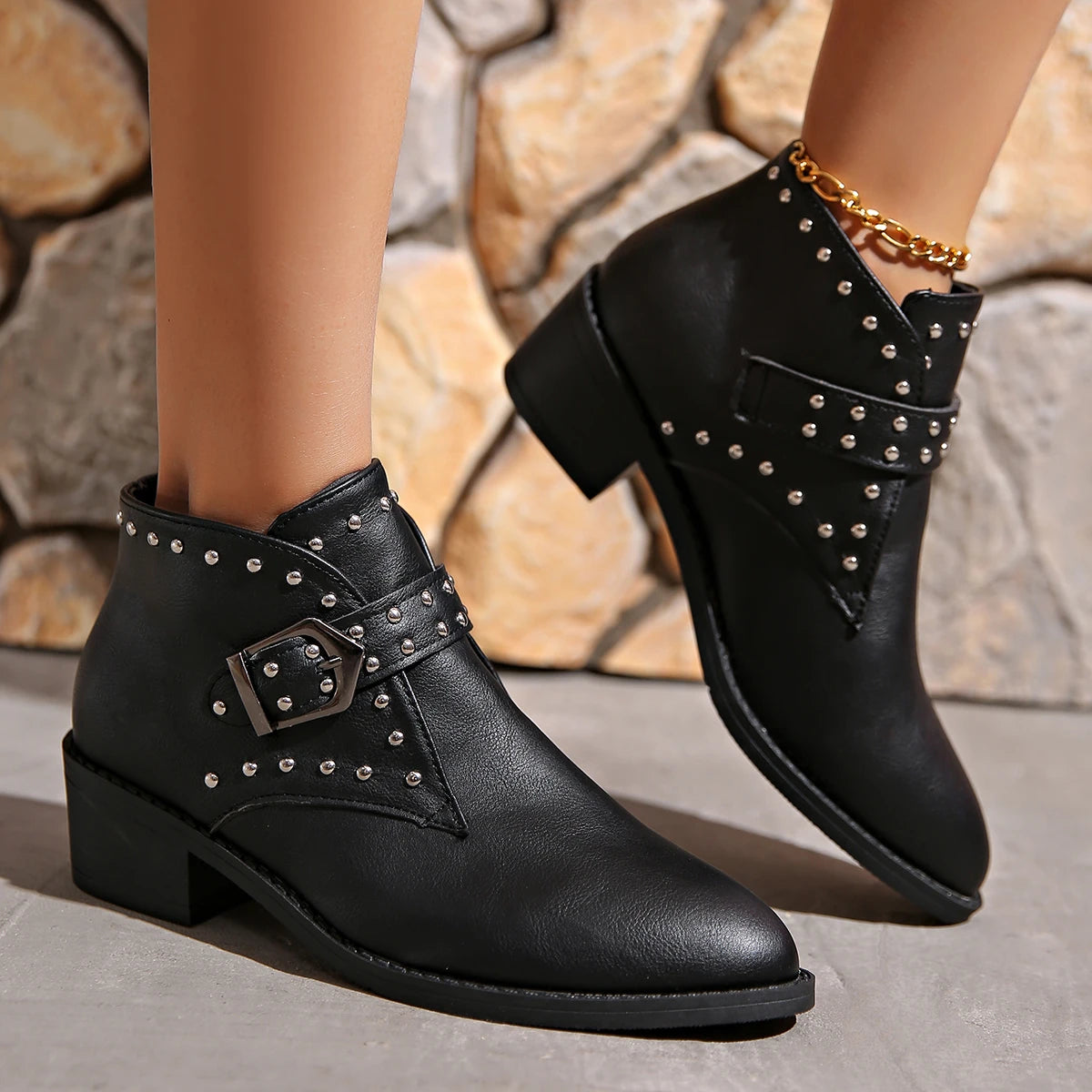 Women’s Retro Rivet Ankle Motorcycle Boots | Pointed Toe Thick Heel