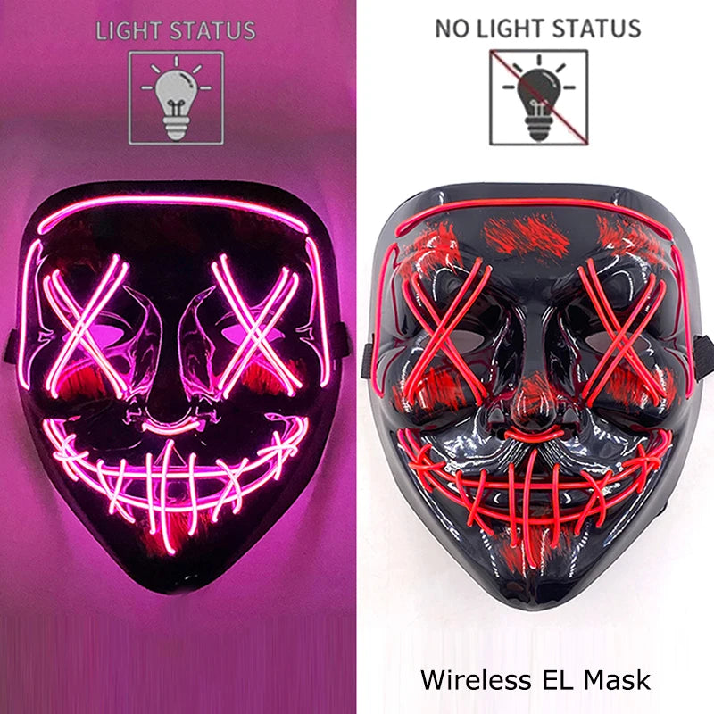 Draadloos LED Halloween Masker – Neon Glow in the Dark Masker met 3 Lichtstanden | 10 Kleuren | Unisex Volledig Gezicht