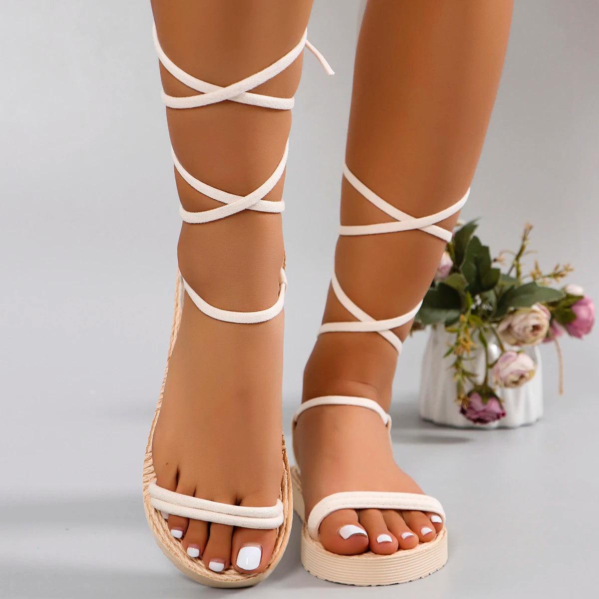 Women’s Lightweight Anti-Slip Strappy Sandals | Soft Sole Gladiator-Style Lace-Up Flats