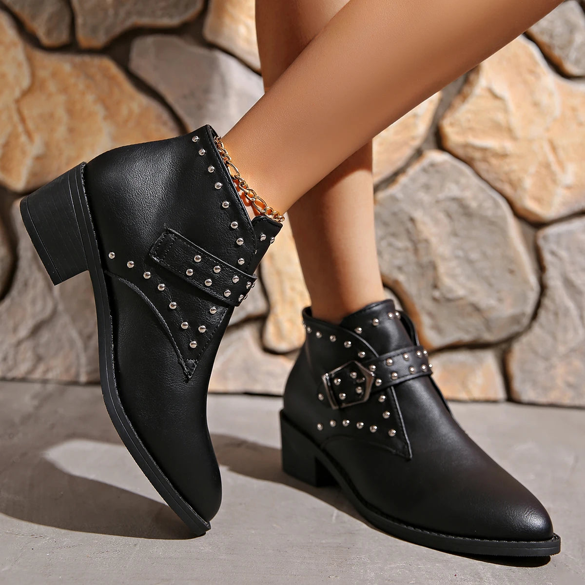 Women’s Retro Rivet Ankle Motorcycle Boots | Pointed Toe Thick Heel