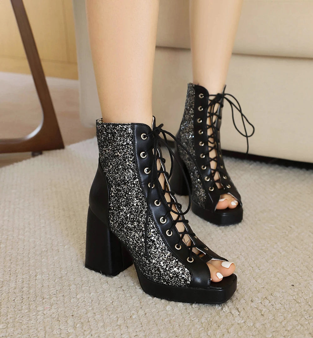 Dames Glanzende Open Teen Enkelboots – Vetersluiting, Netstof en Hoge Hak