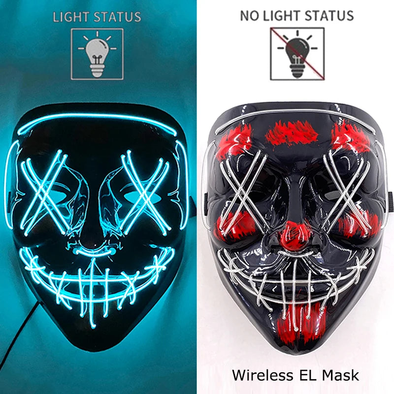 Draadloos LED Halloween Masker – Neon Glow in the Dark Masker met 3 Lichtstanden | 10 Kleuren | Unisex Volledig Gezicht