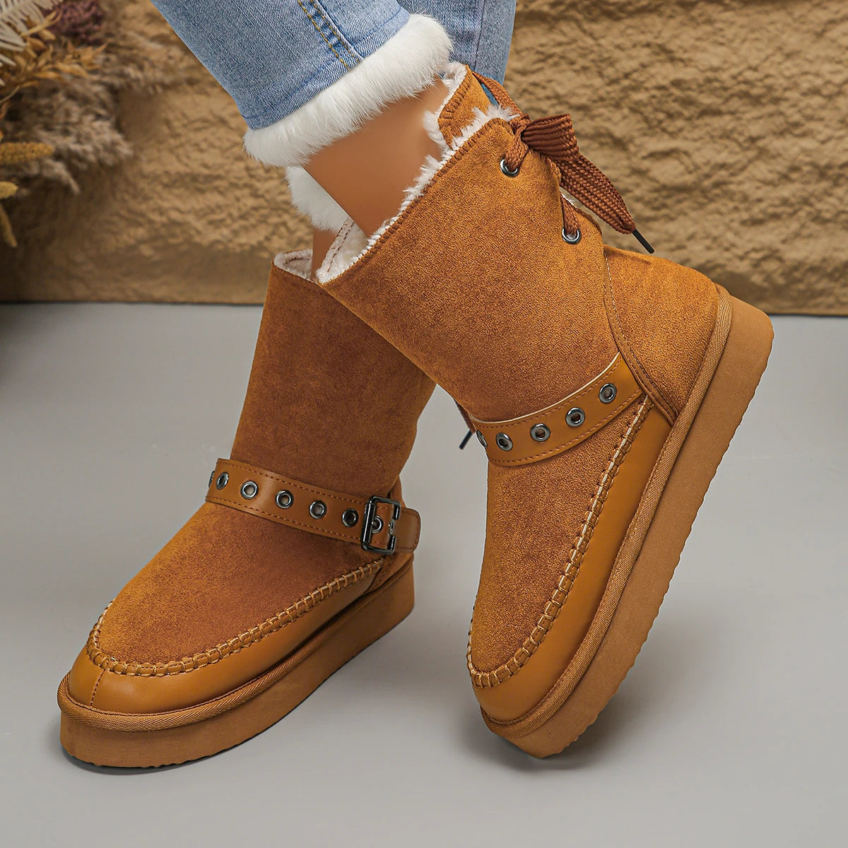 Women’s Snow Boots Winter 2025 | Ankle Boots with Rear Lacing & Buckle Detail