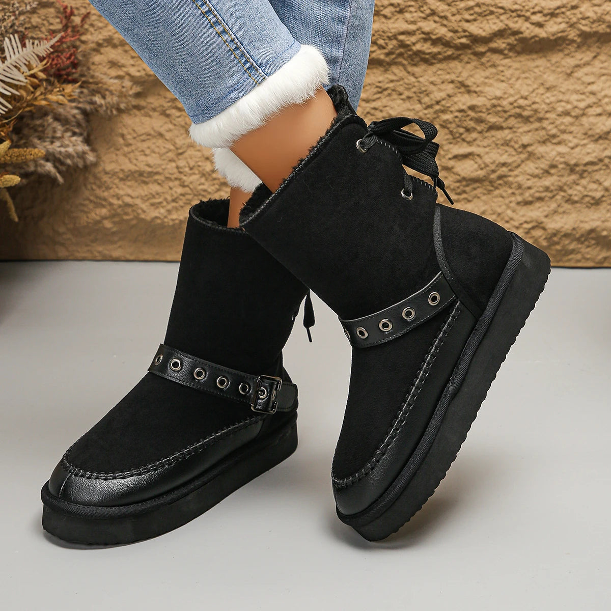 Women’s Snow Boots Winter 2025 | Ankle Boots with Rear Lacing & Buckle Detail