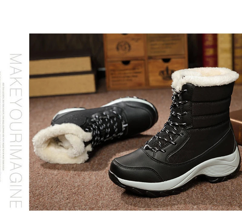 Warme Dames Winterlaarzen met Vetersluiting – Snowboots met Bontvoering | Waterafstotend PU | Antislip Zool | Zwart