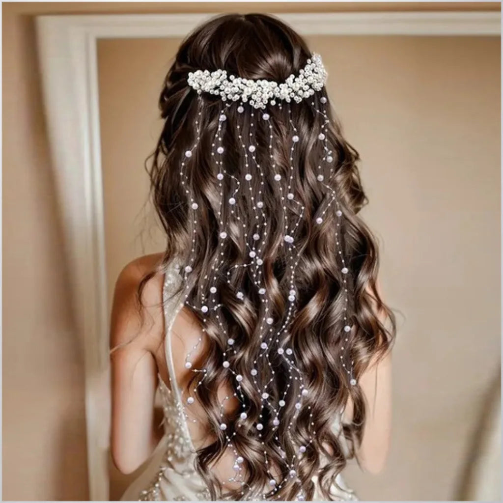 Parel Bruids Haaraccessoire – Handgemaakte Trouw Haarband met Kammen en Wavy Tassel Versiering
