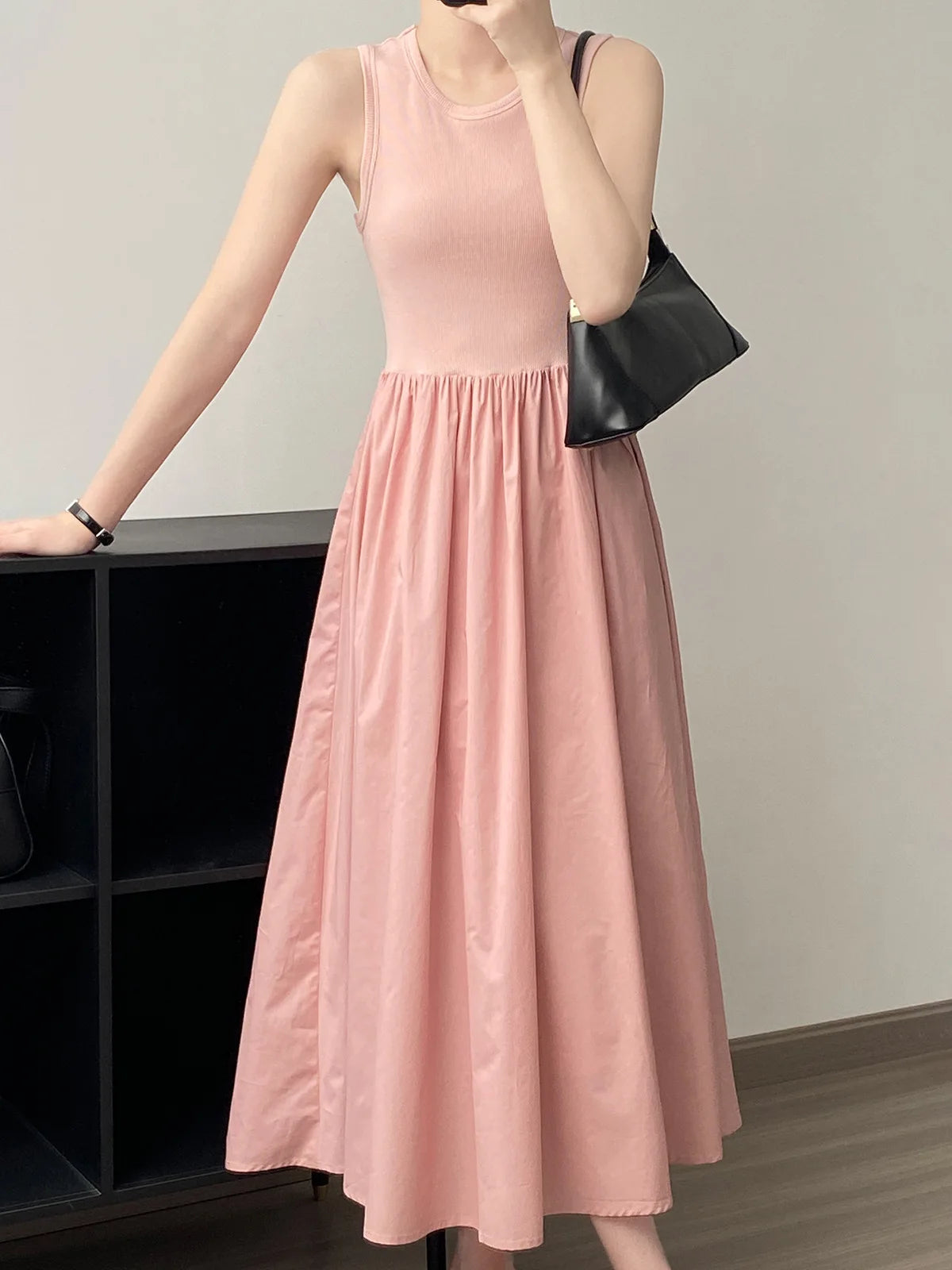 Elegante A-Lijn Damesjurk – Casual Mouwloze Zomerjurk in Roze, Zwart & Beige