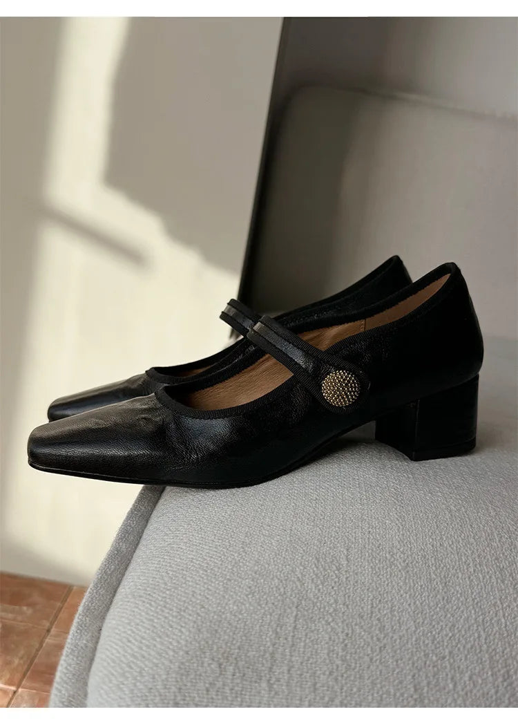 Elegante Dames Pumps met Vierkante Neus en Blokhak – Klassieke Instappers met Gesp