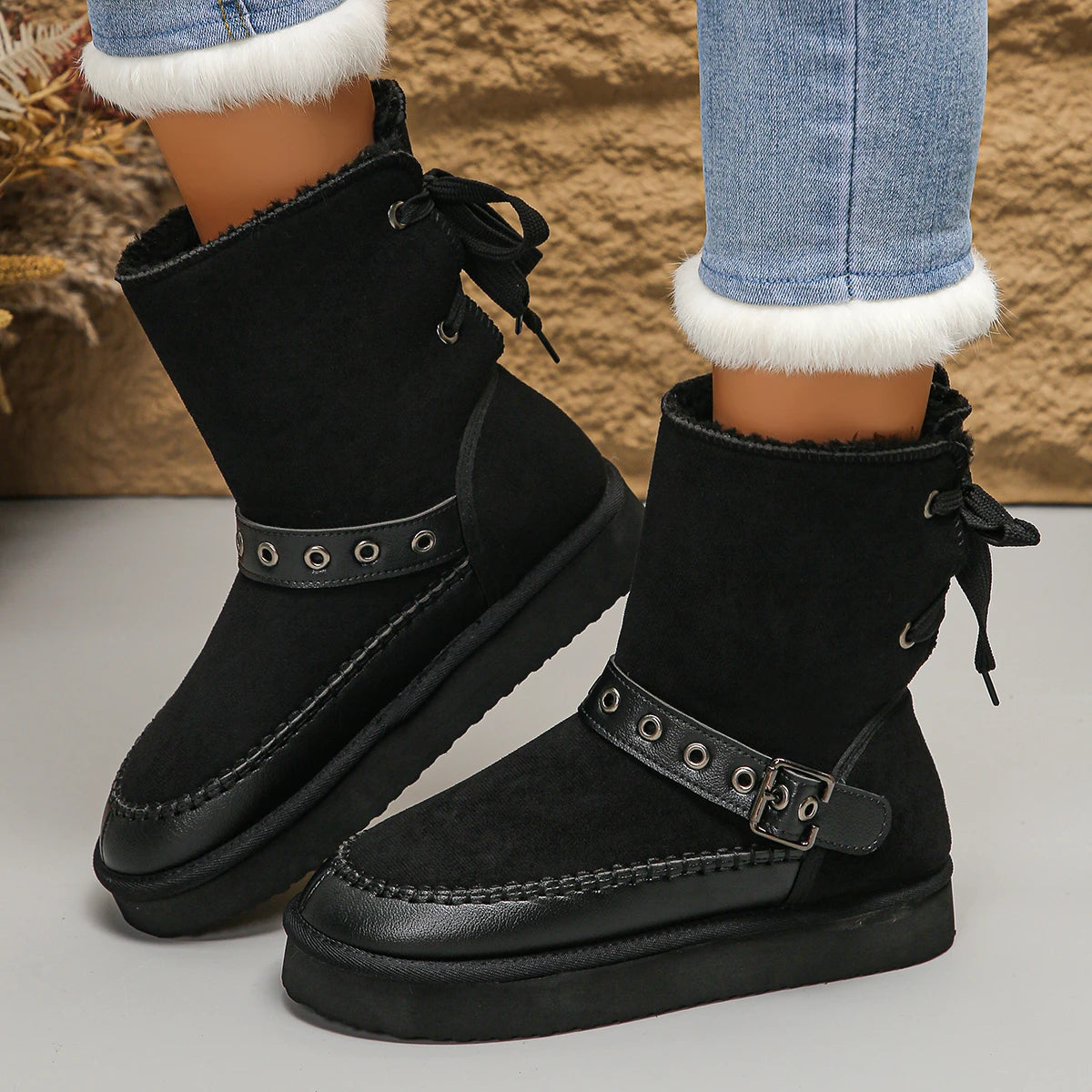 Women’s Snow Boots Winter 2025 | Ankle Boots with Rear Lacing & Buckle Detail