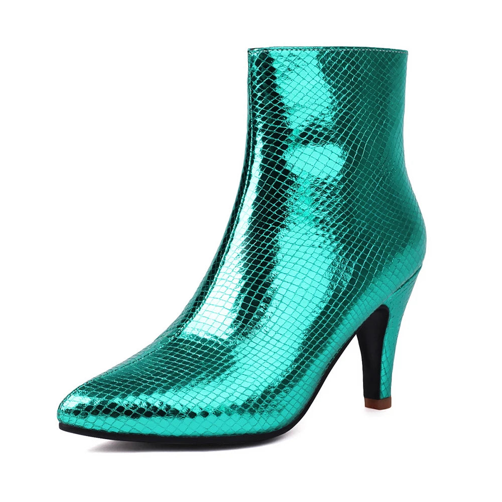 Shiny Metallic Ankle Boots | Pointed Toe Stiletto Heels with Zip Closure
