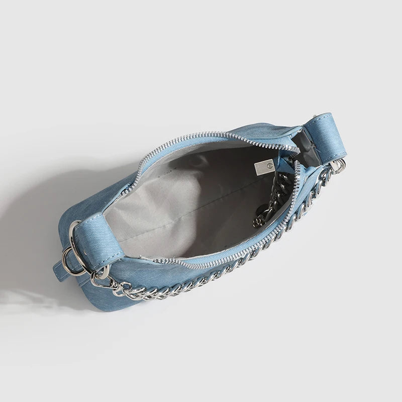 Trendtas 2025 – Denim Schoudertas met Ketting & Halvemaanvorm | Fashionable Armpittas voor Dames