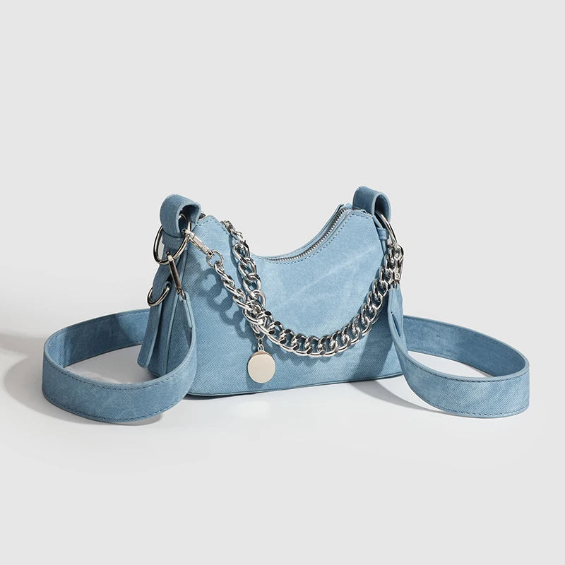 Trendtas 2025 – Denim Schoudertas met Ketting & Halvemaanvorm | Fashionable Armpittas voor Dames