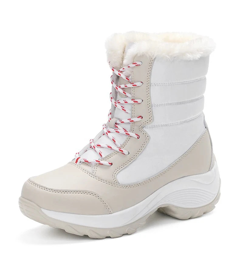 Warme Dames Winterlaarzen met Vetersluiting – Snowboots met Bontvoering | Waterafstotend PU | Antislip Zool | Zwart