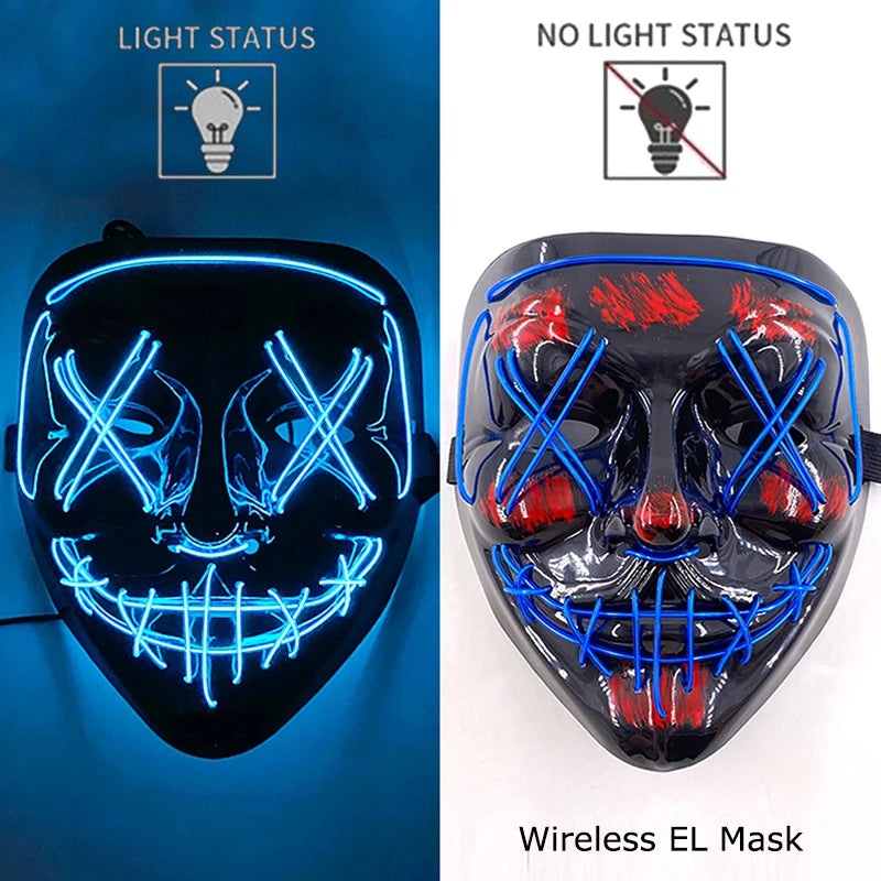 Draadloos LED Halloween Masker – Neon Glow in the Dark Masker met 3 Lichtstanden | 10 Kleuren | Unisex Volledig Gezicht